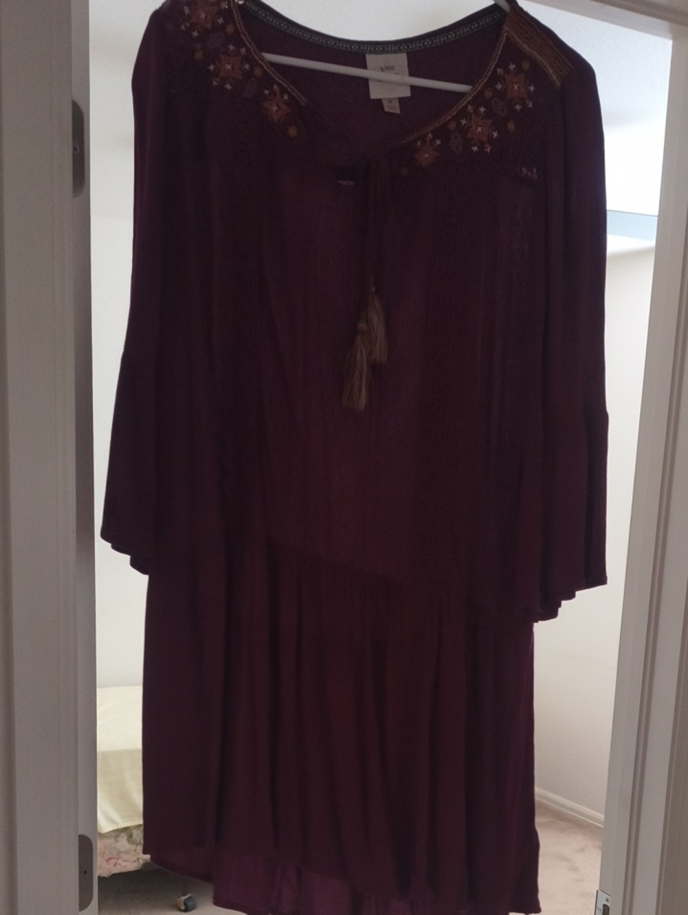 Knox Rose Burgundy Embroidered Long-Sleeve Boho Dress